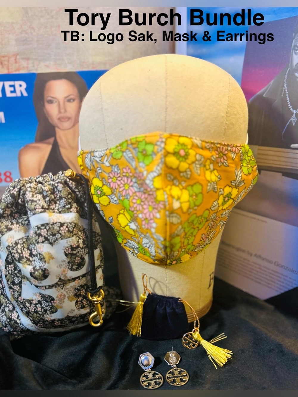 Tory Burch Bundle: Yellow Floral Face Mask w Logo Sak & Tassel Earrings & Bag